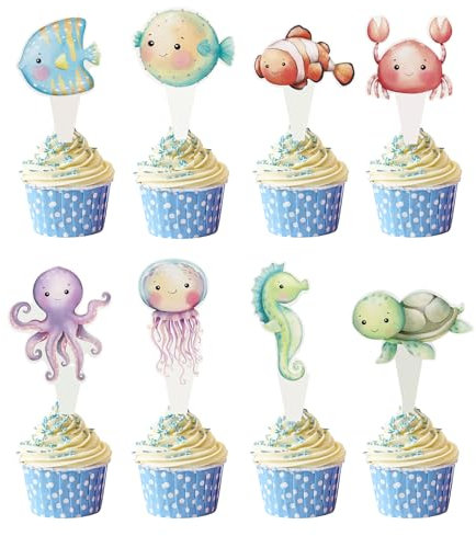 32 Stück Doppelseitiges Meerestiere Kuchen Dekoration Ozean Tier Cupcake Topper Clown Fisch,Oktopus,Seepferdchen,Krabbe Cake Topper Geburtstagsfeier Dekoration