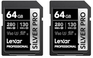 Lexar Silver PRO SD Karte 2x64GB, UHS-II SD Speicherkarte, V60, U3, C10, bis zu 280MB/s Lesen, 130MB/s Schreiben, SDXC-Karte für DSLR/Kamera/Fotografen/Videofilmer/Enthusiasten (LSDSIPR064G-B2NAA)