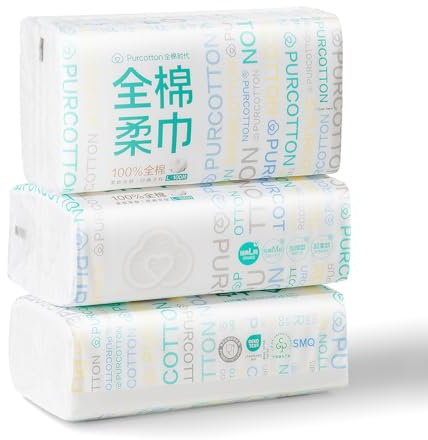Purcotton Disposable Face Towel, 100% Cotton Dry Wipes, Biodegradable and Unscented Cotton Tissue, 300 Ct Face Cloths for Makeup Removing, Skin Care, Traveling, 20 x 20 cm
