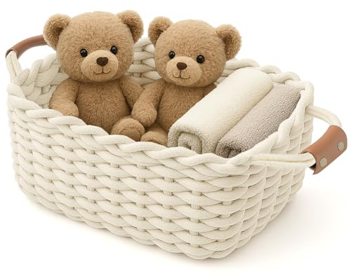 Aufbewahrungskorb Geflochten, Waschbar und Faltbar, Körbchen mit Ledergriffen, Aufbewahrungs box ideal für Accessoires, Kosmetika, das Badezimmer (Weiß, L33*W22*H15CM)
