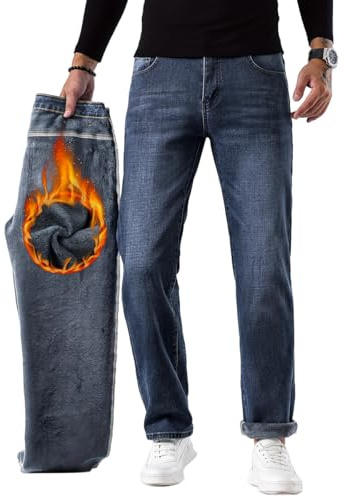 Minetom Jeans pour Homme Thermique Pantalon Denim Hiver Chaud Élastique avec Doublure en Polaire Coupe Droite Et Confortable Pantalon en Jean A1 Bleu Foncé XL