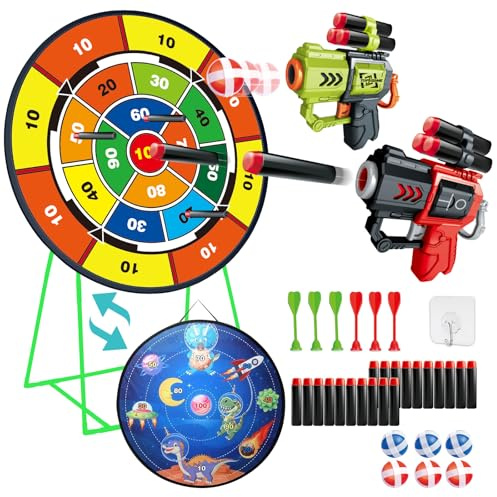 Double-Sided Dart Board Garden Game for Kids, 29 Inch Dartboard Standing & Hanging Shooting Toy Set with 2 Toy Guns, Indoor Outdoor Garden Carnival Party Game Fun for 3 4 5 6 7 8+ Year Old Boys Girls