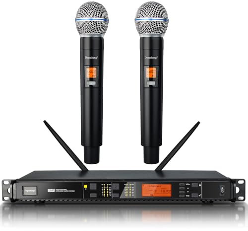 Depusheng T118 - Sistema de micrófono inalámbrico profesional con 2 micrófonos de mano, alcance de 80 m, micrófonos para entrenamiento, karaoke, fiesta, iglesia, canto