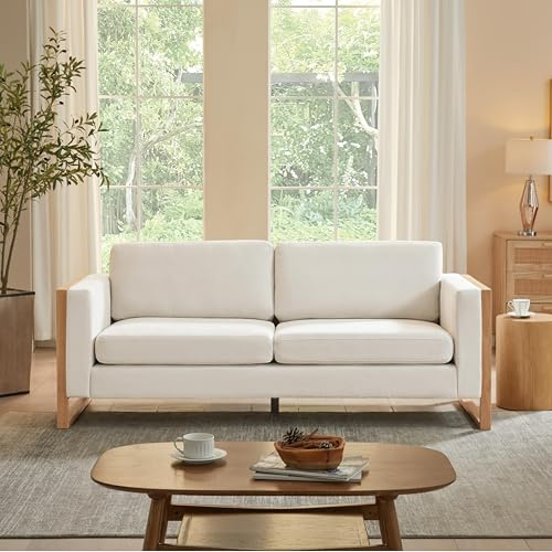 Merax 79 Loveseat Sofa Modern Sofa with Solid Wood Legs, Elegant Comfortable Spacious 2-Seater Sofa Couch for Living Rooms Bedrooms Apartment Office (White, Natural Color Frame)