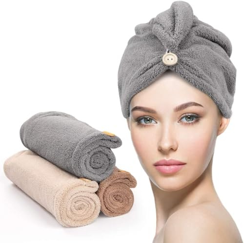 Play Nine Microfiber Hair Turban Towel for Women – Quick Dry Hair Wrap, Ultra Absorbent, Frizz-Free, Lightweight Hair Drying Towel with Button Loop for Curly, Long & Short Hair 2 Packs