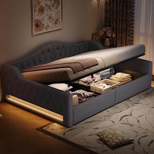 Oxtao Letto imbottito per divano letto, 140 x 200 cm, letto matrimoniale con vano portaoggetti idraulico, con luce a LED, letto per ragazzi con rete a doghe, lino, senza materasso (grigio, 140 x 200