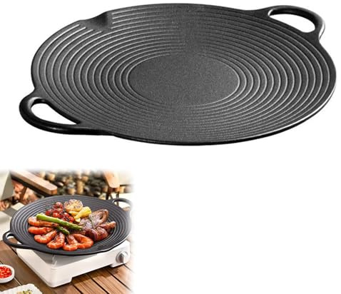 Plaque de Cuisson en Fonte, Poêle à Griller Coréenne Antiadhésive, Ø36cm BBQ Plancha avec Poignée, Pour Induction, Cuisinière à Gaz, Plaque de Cuisson Électrique pour Viandes, Légumes et Grillades