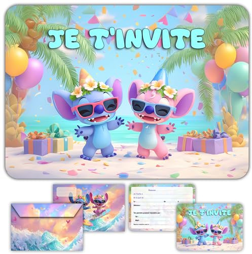 Glowiibo Fun4kid 12 x Cartes Invitation Anniversaire avec Enveloppes Assorties - Idéal Enfant Fille Garçon - Cartons Préremplis en Français pour Fête ou Goûter d'Anniversaire