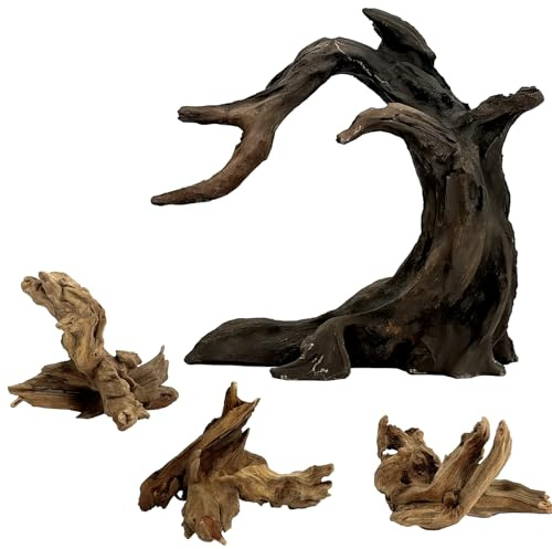 Obantrsz Aquarium Driftwood Decor Set - 1 Anubias Resin Model & 3Pcs Small Natural Driftwood 2-4 inch for Aquascaping, Fish Tank Landscape Design