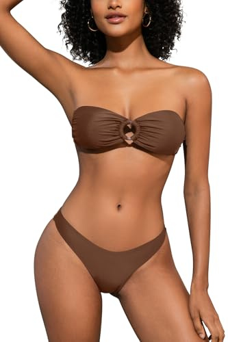 SHEKINI Traje de baño de dos piezas para mujer, con anillo en O, sin tirantes, bikini bandeau para mujer con parte inferior sexy de corte alto y atrevido, traje de baño brasileño de playa, Marrón
