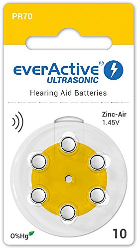 everActive 10, 6 stycken, hörapparatsbatterier, hög effekt, zinkluftbatterier, 1 blisterkort, 4 års hållbarhet, gul, Ultrasonic PR70, EVHAB10