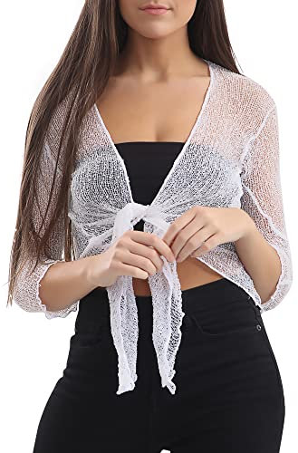 Love My Fashions® Women’s Fish Net Knitted Tie Up Bolero Shrug Top Ladies 3/4 Sleeve One Size Fits All White