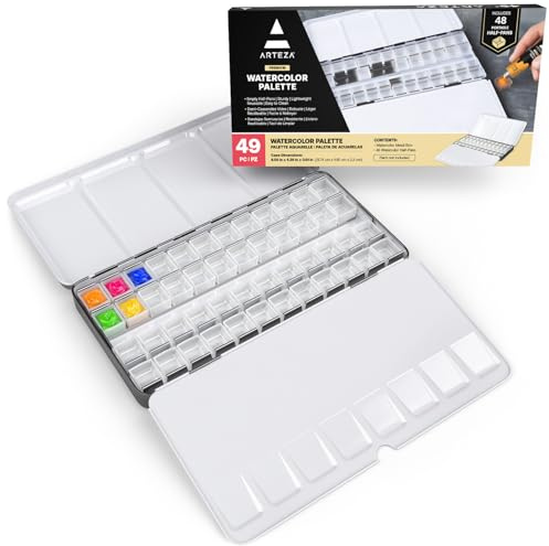 ARTEZA Empty Watercolor Palette Tin, 48 Half Pans, Customizable Portable Empty Half Pans for Watercolor Paints