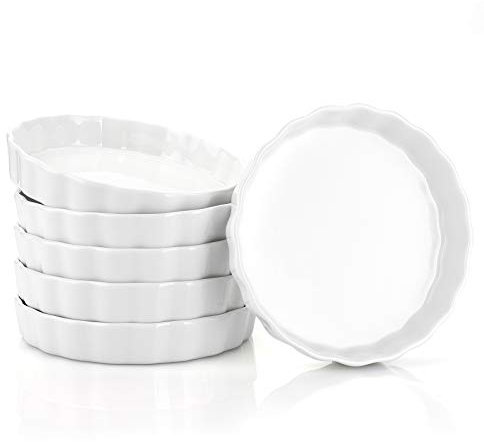 Foraineam 6 Pack 8 Ounce Porcelain Creme Brulee Ramekins Mini Fluted Quiche Dishes, 6 Inch Tart Pan Round Pie Plates for Baking, Dishwasher and Oven Safe