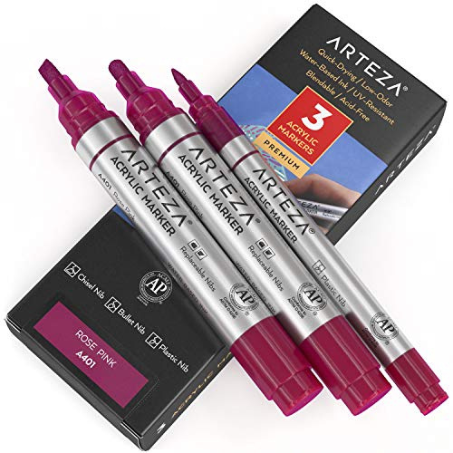 ARTEZA Acrylic Paint Markers, Pack of 3, A403 Rose Pink, 1 Thin and 2 Thick, Chisel + Bullet Nib, Paint Pens for Canvas, Rock, Glass, Wood