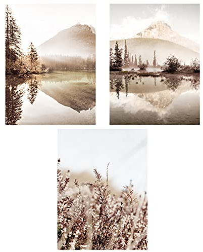 SWECOMZE 3er Moderne Poster Set - Bilder Wohnzimmer Deko Schlafzimmer - Stilvolle Wandbilder ohne Rahmen Set Beige, Pampasgras, See (50x70)