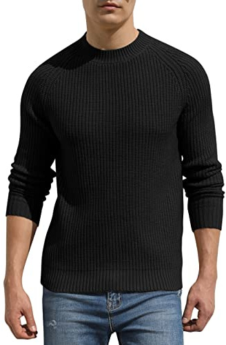 Hisir Herrtröjor toppar vinter ull stickad rund hals raglan jumper långärmad mjuka varma stickade kläder pullover tröjor för män, 01svart, L