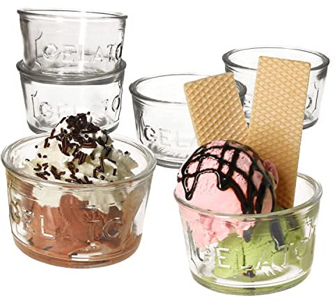 MamboCat 6er Set Gelato Glas-Eisbecher I 150 ml I Ø 9 cm I Dessert-Schale, Eisgläser zylindrisch I Klauenglas I mit Relief - Rahmen & Schrift I transparent