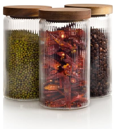 Mason & Fable Geriffeltes Glas mit Holzdeckel, 800 ml, 3 Stück, luftdicht, geriffelt, Vorratsbehälter für Lebensmittel, Nudeln, Kaffee, Hundeleckerlis, Snacks | Behälter für Zuhause und Küche