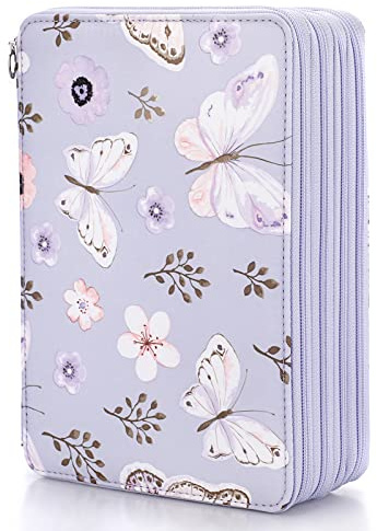 BSTKEY 200 Slots Pencil Wrap Case Colored Pencil Holder, Pencil Pouch Bag Pen Storage Organizer with Zipper for Colored Pencils Stationery (Purple Butterfly)