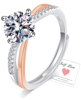 HEEYA Anillo de compromiso chapado en plata de ley 925, anillo de oro rosa, anillo de compromiso para mujeres y niñas, circonita cúbica, ajustable, anillos de aniversario, joyería de regalo, ajustable