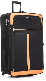 Aerostar Extra Large 32” Lightweight Softshell Expandable Suitcase, Check in Luggage 2 Corner Wheels with Integrated Combination Lock (Black/Orange, 129 litres)