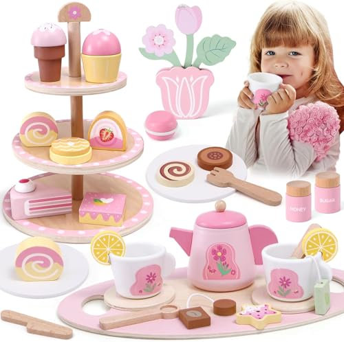Atoylink Teeservice Kinder Holz 31 Stück Tee Set mit Kinderküche Spielküche Zubehör Teeset Teeparty Holzspielzeug Puppengeschirr Rollenspiel Spielzeug Geschenk für Kinder Mädchen 3 4 5 6 7 Jahre（Rosa）