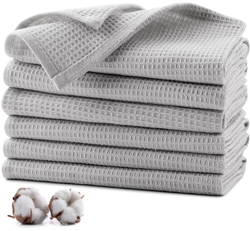 Jogoico kökshandduka 100 % bomull, 6 st högabsorberande mjuka disktrasor, 35 x 35 cm, snabbtorkande, våffelhandduk, för köksrengöring - ljusgrå