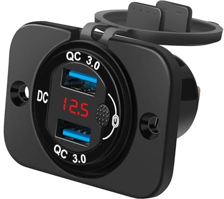 SYCEES QC3.0 billaddare med lock, strömbrytare, LED digital voltmeter, DC 12 V – 24 V dubbelt USB-uttagsadapter, billaddare, USB-strömadapter för bil, husbil, lastbil, SUV etc.