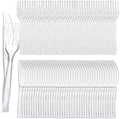 Kiuiom Partygeschirr Plastik, Partybesteck Wiederverwendbar, Plastikbesteck Mehrweg, 200PCS Plastikgabeln Plastik Messer Partyzubehör Geeignet für Geburtstage Partys Hochzeiten Camping Desserts