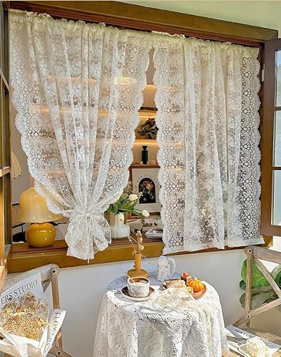 Daliena Fönstergardin, spets, lantställe, romantiska blommor, gardiner, vintage, köksgardin med broderi, liten fönstergardin för café, matsal, krämfärg (B x H 130 x 120 cm) 1 st