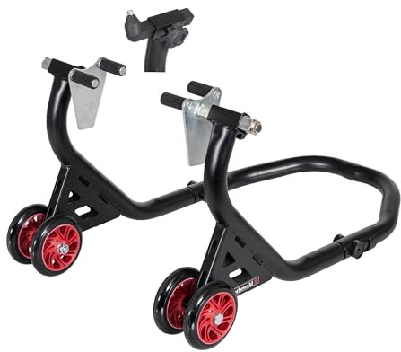 Rothewald Front-Motorradheber aus Stahl, Universal-Pinadapter, bis 300 kg, Hohe Stabilität & Standfestigkeit, Montageständer, mit Doppelrollen, Leichtes Aufbocken