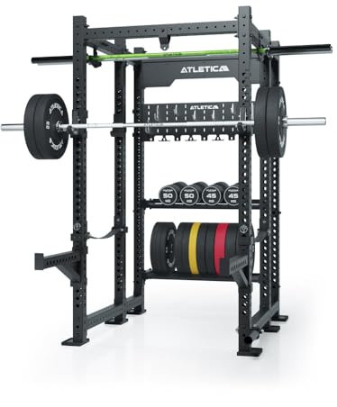 ATLETICA R8 UTILE | Power Rack | 6-stolpar Power Rack med praktiskt förvaringssystem | förvaringshylla för hantlar och stötfångare plattor | upphängning för boxningssäck | J-krokar, säkerhetsremmar