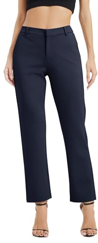 EXCHIC Donne Business Gamba Dritta Elastico Vita Lavoro Pantaloni Casual Comodo Bootcut Pantaloni con Tasche(XL, Blu Navy)