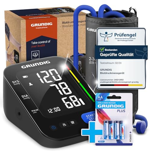 GRUNDIG Blutdruckmessgerät Oberarm - hochpräzise - einfachste Bedienung - perfekt ablesbar - Herzrhythmusstörungen Erkennung - Risikobewertung - Manschettensitzkontrolle (inkl. Batterien)