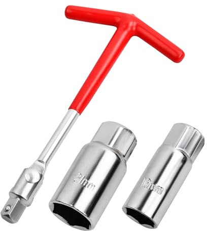 Spark Plug Removal tool, Spark Plug Socket Wrench Set - 16mm and 21mm Stainless Steel Spark Plug Removal Wrench Tool - Flexible Spanner Spark Plug Wrench - Silicone Red T-Bar Handle for Easy Removal