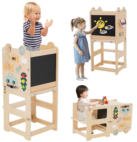 Kids Step Stool, Wooden Learning Tower with Blackboard,Safety Rail and Busy Board,Kitchen Stool Helper for Toddlers,Helper Standing Tower for Kitchen Counter,Bathroom