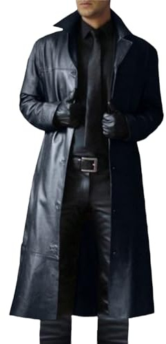Trench da uomo, tinta unita, in pelle PU, lunghezza intera, stile gotico, in finta pelle, stile steampunk, casual, con risvolto, antivento, con bottoni, per l'inverno, Nero , L
