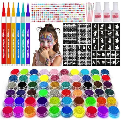 60 Colour – Glitter Tattoos for Kids, Glitter Tattoo Kit, Temporary Tattoos for kids, 200+ Stencils, 60 Colour (20 Neon), 6 PCS Face Paint, 1000+ Rhinestones, Surprise Gift Items