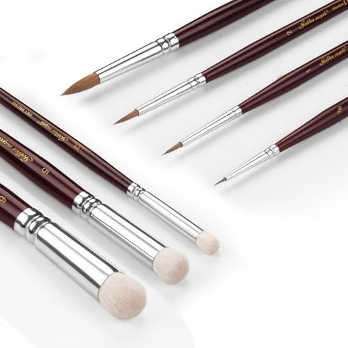 Golden Maple Kolinsky Sable Miniature Brushes Drybrushes for Miniature Set 7 pcs Paint Brushes for Miniature Oil Acrylics Model Paint Brushes #3, 5, 6