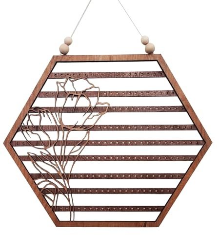 Puerta de la pared para pendientes de madera – Organizador de pendientes colgante, organizador de joyas colgante, pantalla del soporte para pendientes de pared hexagonal luna, regalo para mujeres y