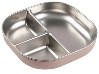 BÉABA, Assiette Bébé Compartimentée en Inox Micro-ondable – Antidérapante avec Housse Silicone, Incassable, Bords Hauts Ergonomiques, Passe au Lave-Vaisselle, Barpe à papa
