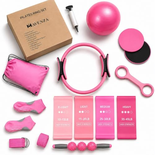 MAVENZA Pilates Ring Kit 14 PCS with Magic Circle, Resistance Bands, Yoga Ball with Pump, Core Sliders, Figure 8 Band, Yoga Strap, Massage Stick, Grip Socks, Gym Bag - Home Fitness for Women Men