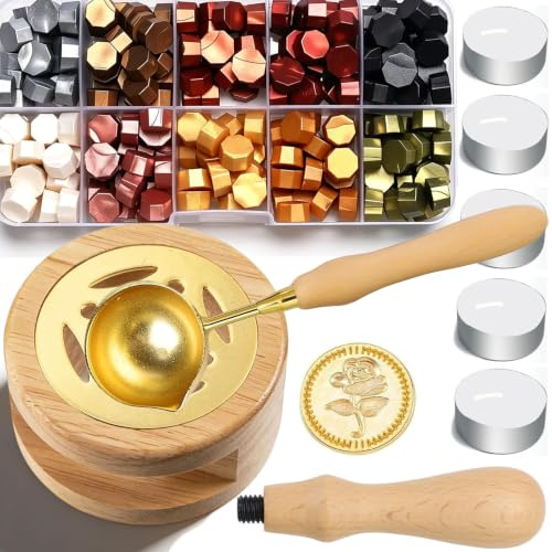 Kit de Cire à Cacheter, Perles de Cire à Cacheter Kit, Tampon Cachet de Cire, 200 Pièces perles de vernis à cacheter, Outil De Chauffe & Cuillère à Fondre, 5 Bougies, pour Enveloppes de Cartes