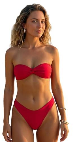 Women Stylish Bikini Sets Solid/Dots Print Sleeveless Bra with Low Waist Briefs Bathing Suit 2 Piece Swimsuit (A-Red, S)