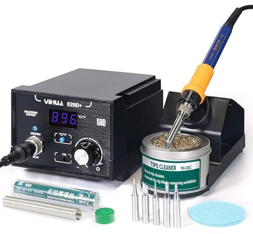YIHUA 939D+ Digital Soldering Station, 75 Watt Equivalent with Temperature Control, °C/°F Display. ESD safe for Electronics. Aluminum Panel (Resists Burn). Solder Tips, Lead-free Solder & Extras