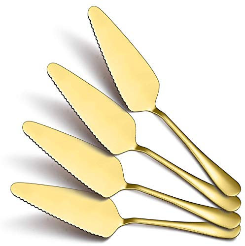 Kyraton Gold Cake Pie Pastry Server Pack of 4, Wedding Cake Knife and Server Set, Stainless Steel Golden Cake Cutter Wedding Cake Cutting Set, Silverware Set, Cake Serving Set (Gold)