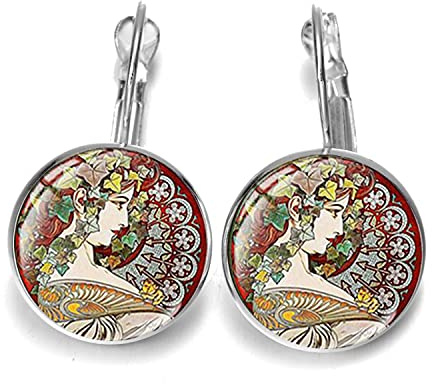 Boucles d'oreilles vintage Alphonse Mucha Beauté Quatre saisons Printemps Été Automne Hiver Dôme Verre Boucles d'oreilles Art Nouveau