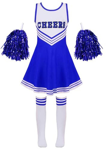Jowowha Mädchen Cheer Leader Cheerleading Kostüm Schulmädchen Uniform Karneval Fasching Party Halloween Kostüm Kleid mit Pompoms Blau 134-140