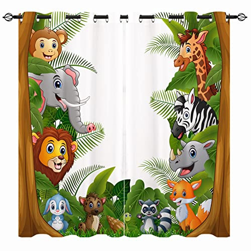 YUANZU Kids Curtains - Boys Girls Cartoons Jungle Forest Animals Zoo Family 3D Print Pattern Eyelet Blackout Thermal Insulated Window Drapes for Nursery Baby Bedroom Playroom 2 Panels W117cm x D183cm